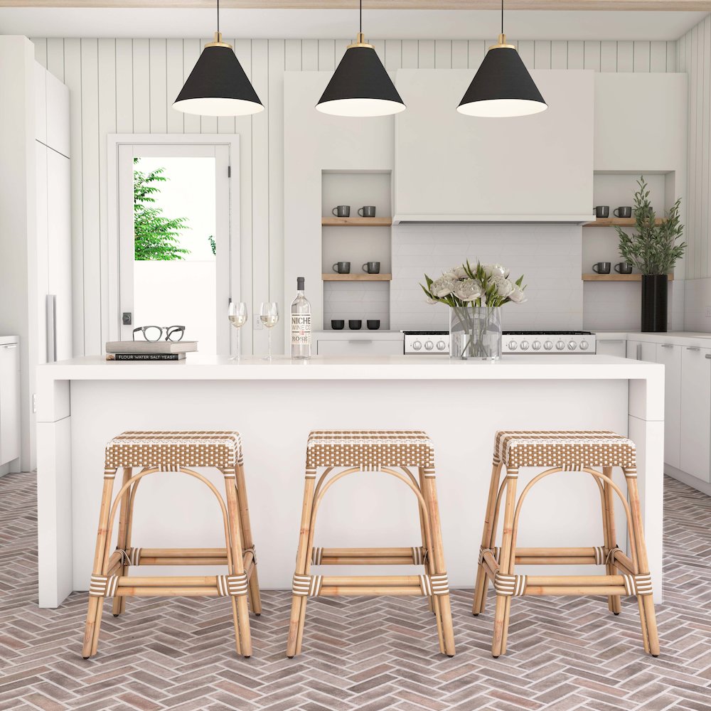 Robias Rectangular Rattan 24.5" Counter Stool, Tan and White Stripe. Picture 7