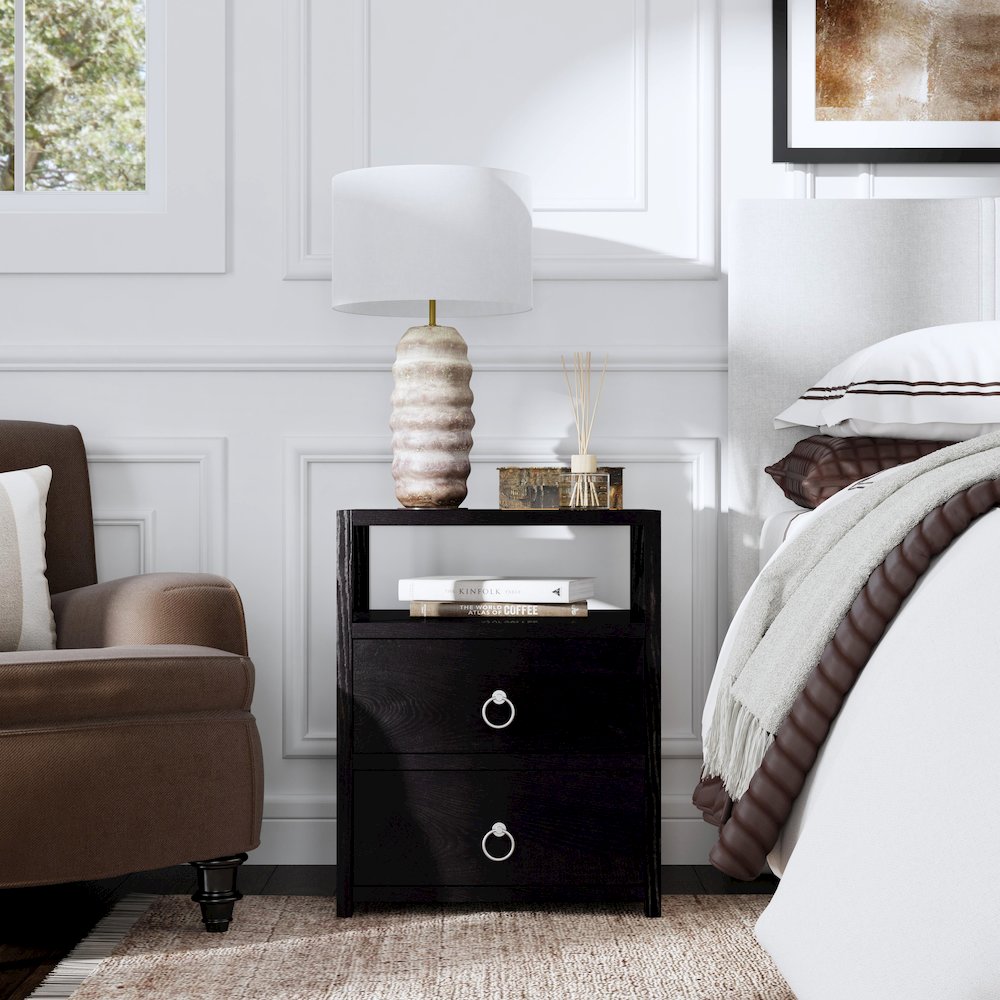 Lark 21 in. W Wood 2 Drawer Nightstand with Shelf, Black. Picture 2