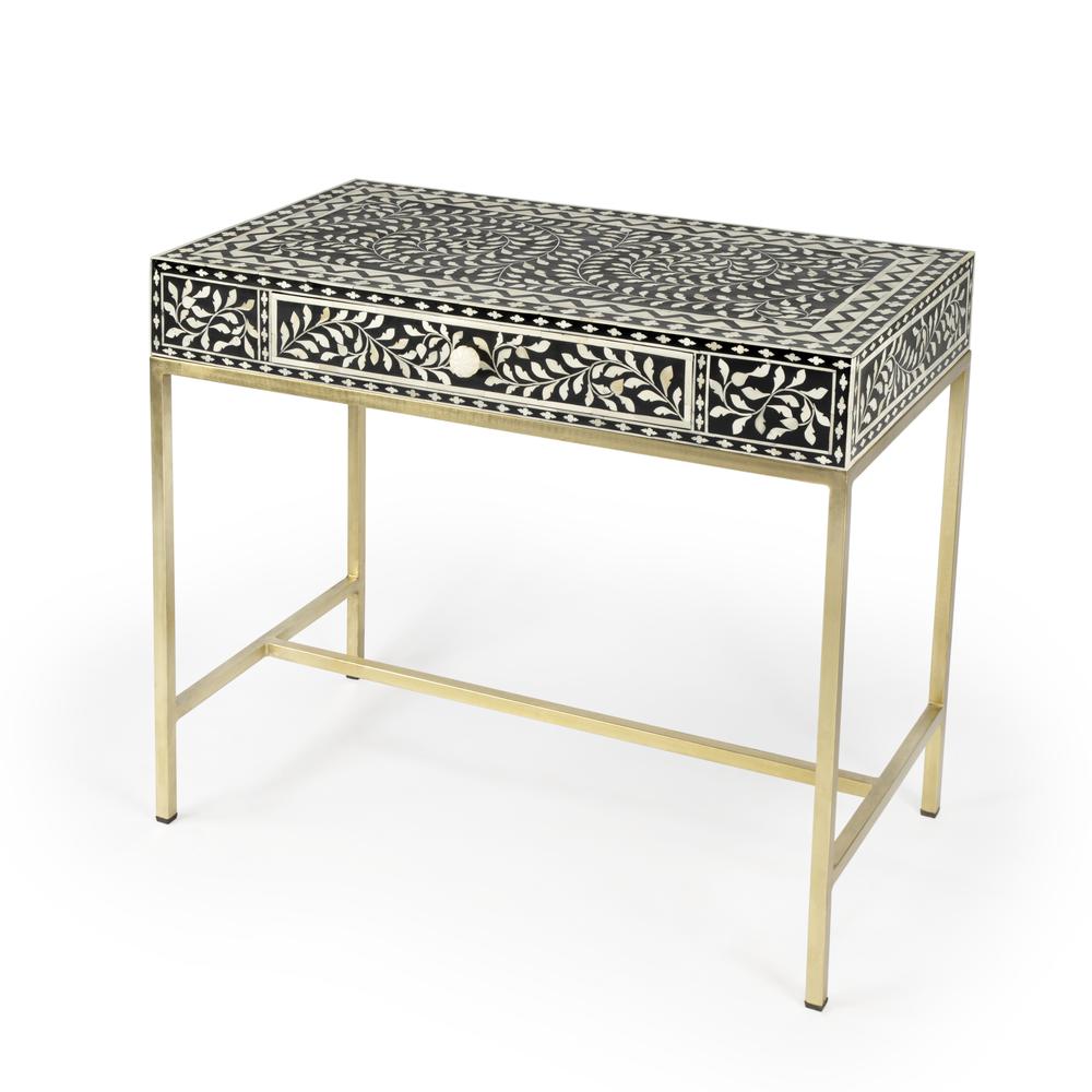 Perilla  Bone Inlay Writing Desk, Black and White, Gold. Picture 1