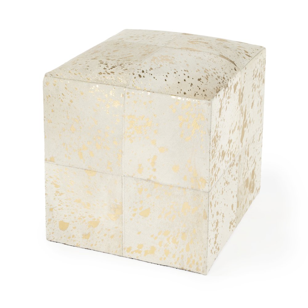 Company Victorian Hair on Hide with Spots Cube Ottoman, White. Picture 1