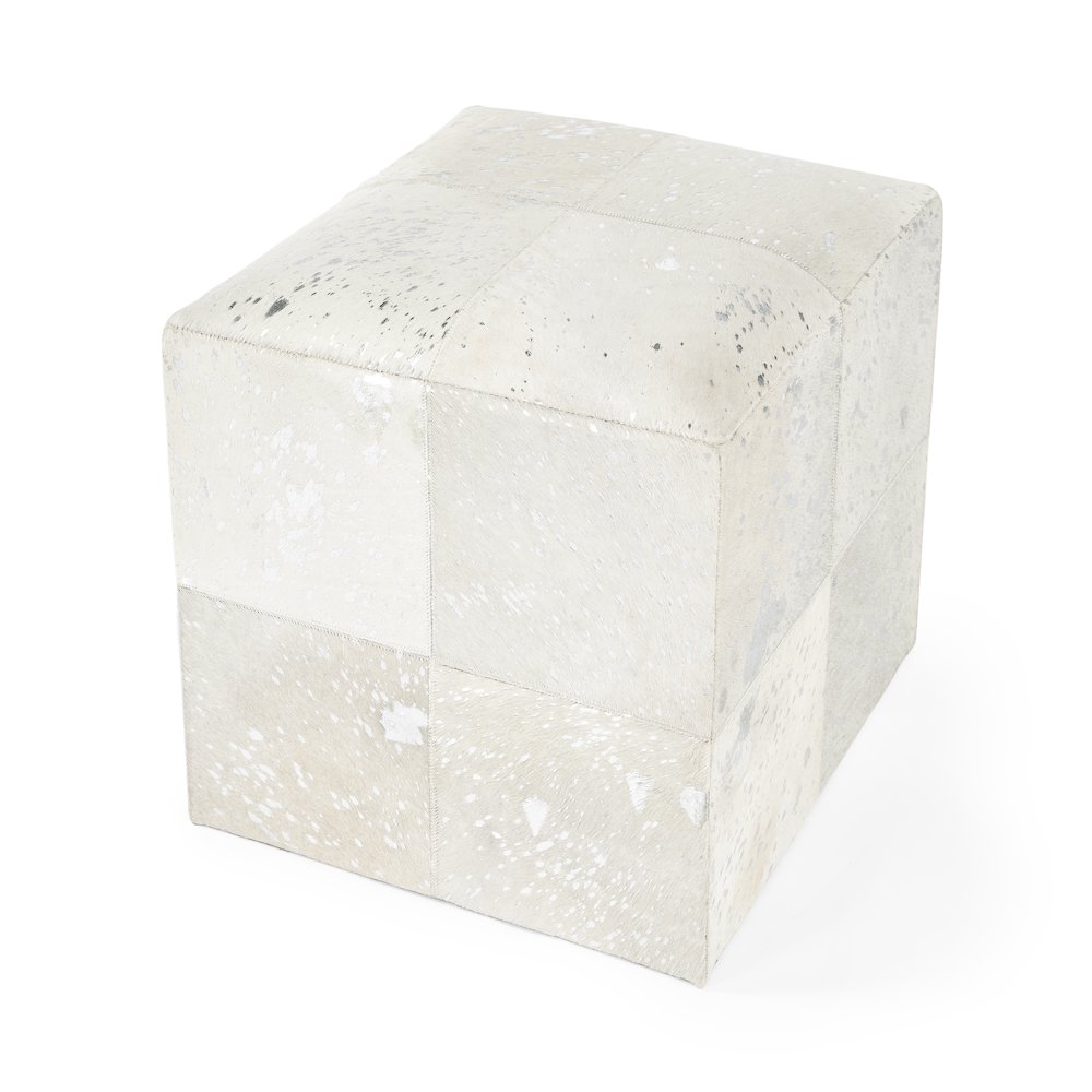 Victorian Hair on Hide with Silver Spots Cube Ottoman, White. Picture 1