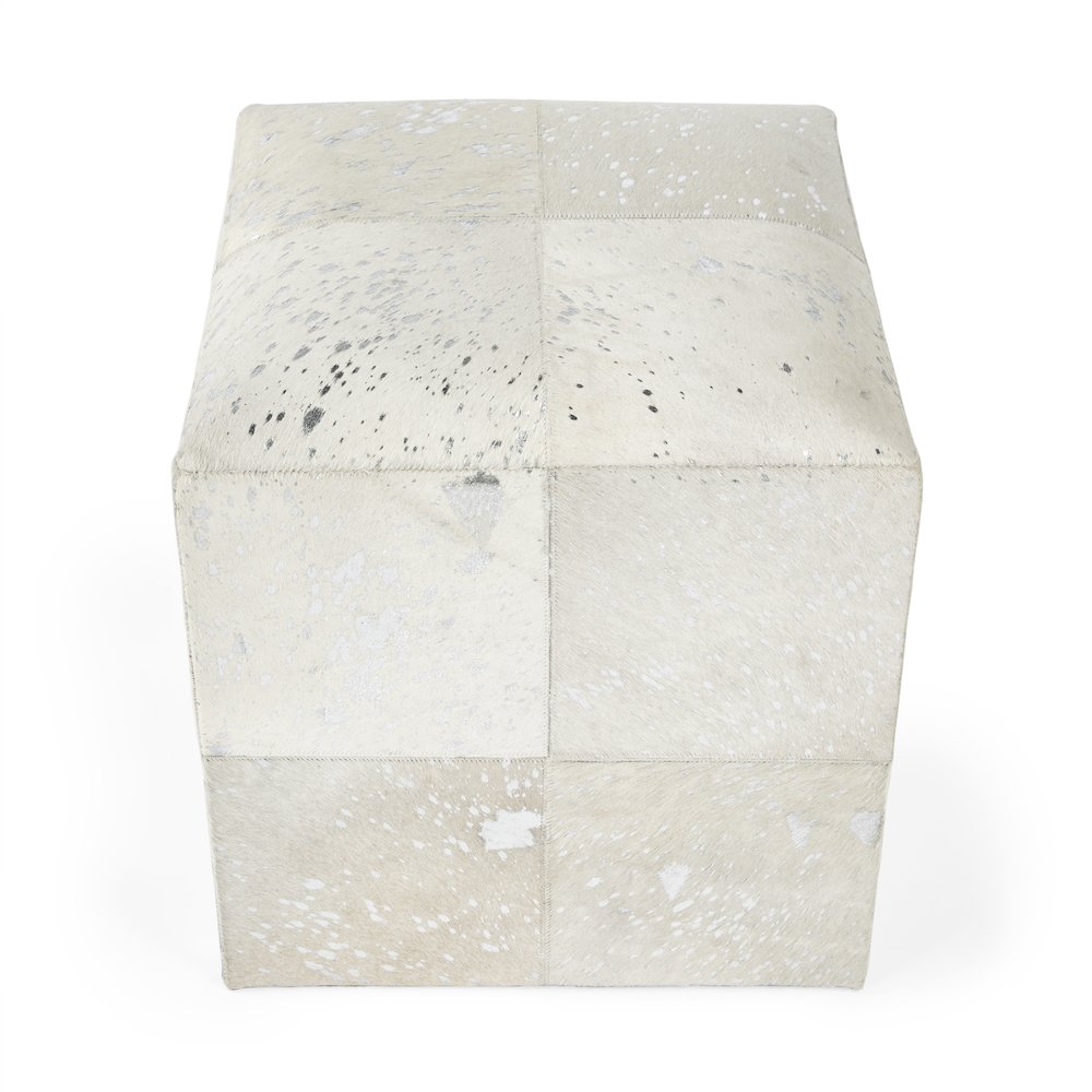 Victorian Hair on Hide with Silver Spots Cube Ottoman, White. Picture 5