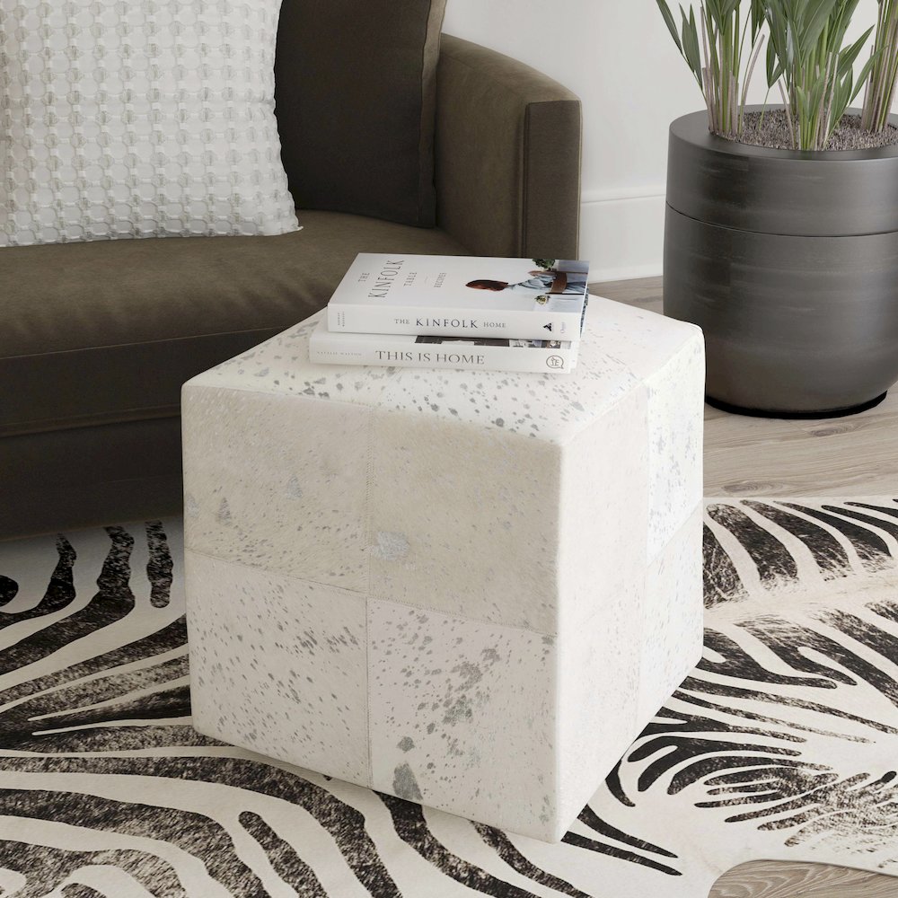 Victorian Hair on Hide with Silver Spots Cube Ottoman, White. Picture 2