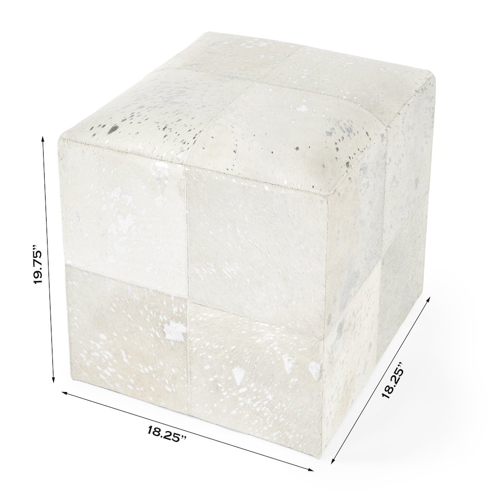 Victorian Hair on Hide with Silver Spots Cube Ottoman, White. Picture 3
