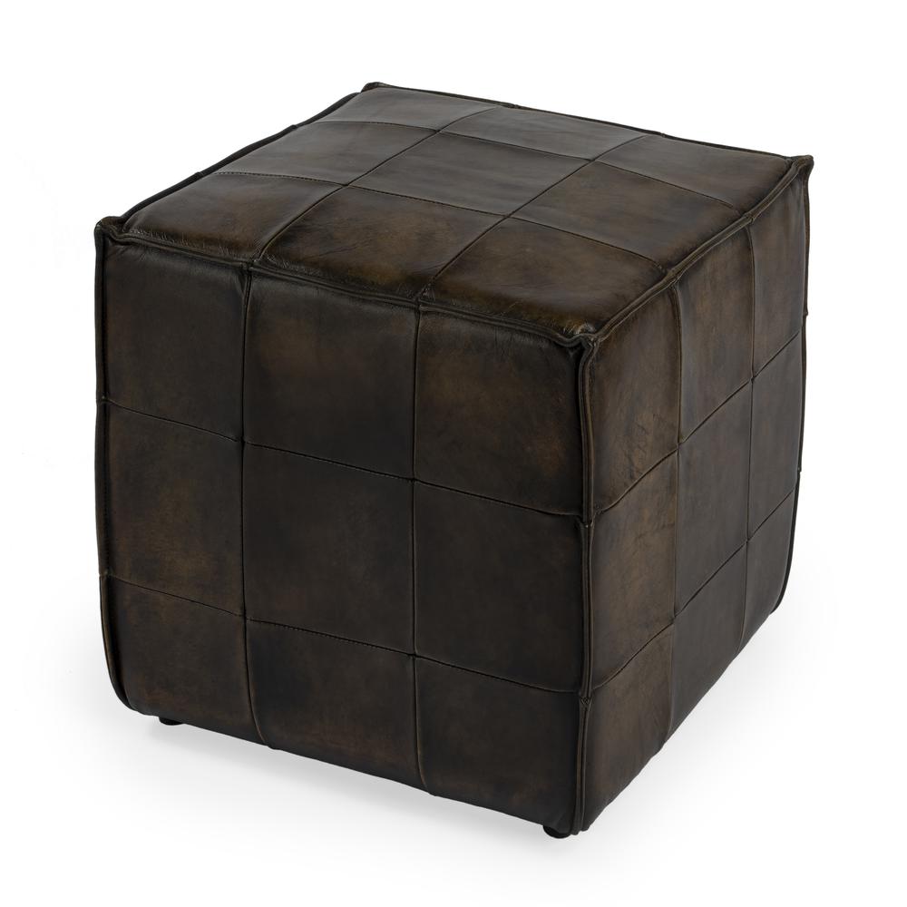 Leon Leather Cube Ottoman, Dark Brown. Picture 1