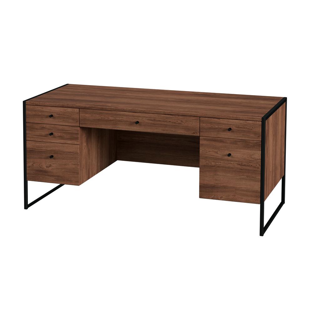 Drake 6 Drawer Iron and Wood Executive Desk, Medium Brown. Picture 1