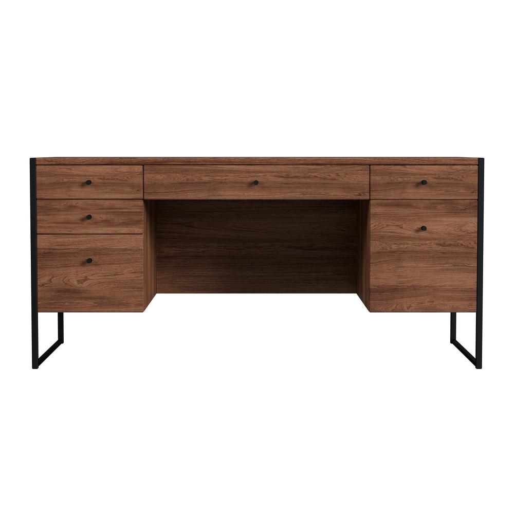 Drake 6 Drawer Iron and Wood Executive Desk, Medium Brown. Picture 2