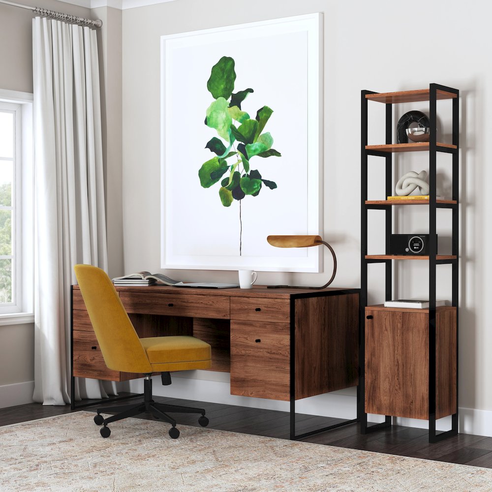 Drake 6 Drawer Iron and Wood Executive Desk, Medium Brown. Picture 7