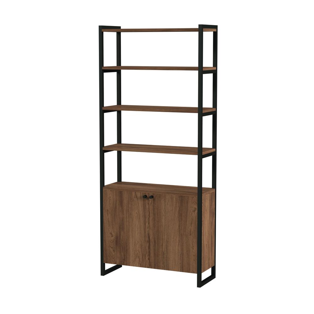 Drake 73" Two Door Walnut Bookcase Etagere, Medium Brown. Picture 1