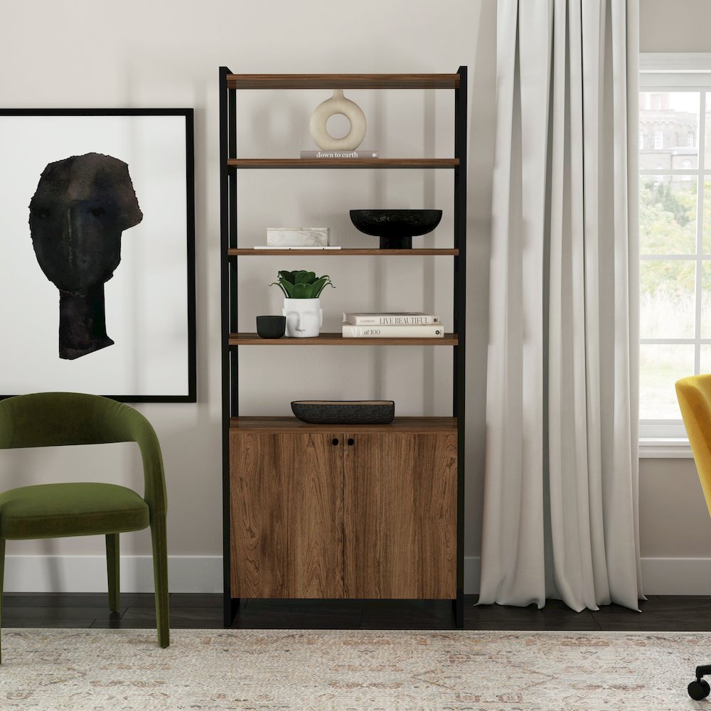 Drake 73" Two Door Walnut Bookcase Etagere, Medium Brown. Picture 2