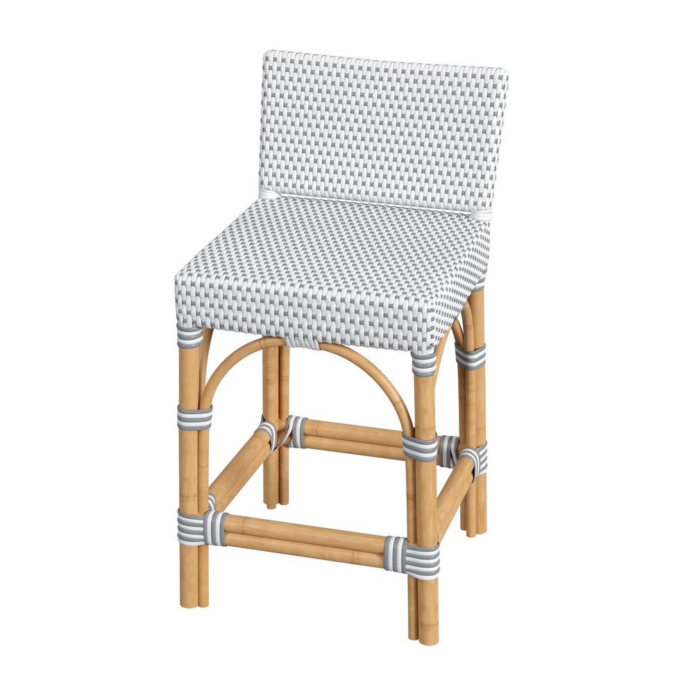 Serienna Rectangular Rattan Low Back 24.5" Counter Stool, White and Gray. Picture 1