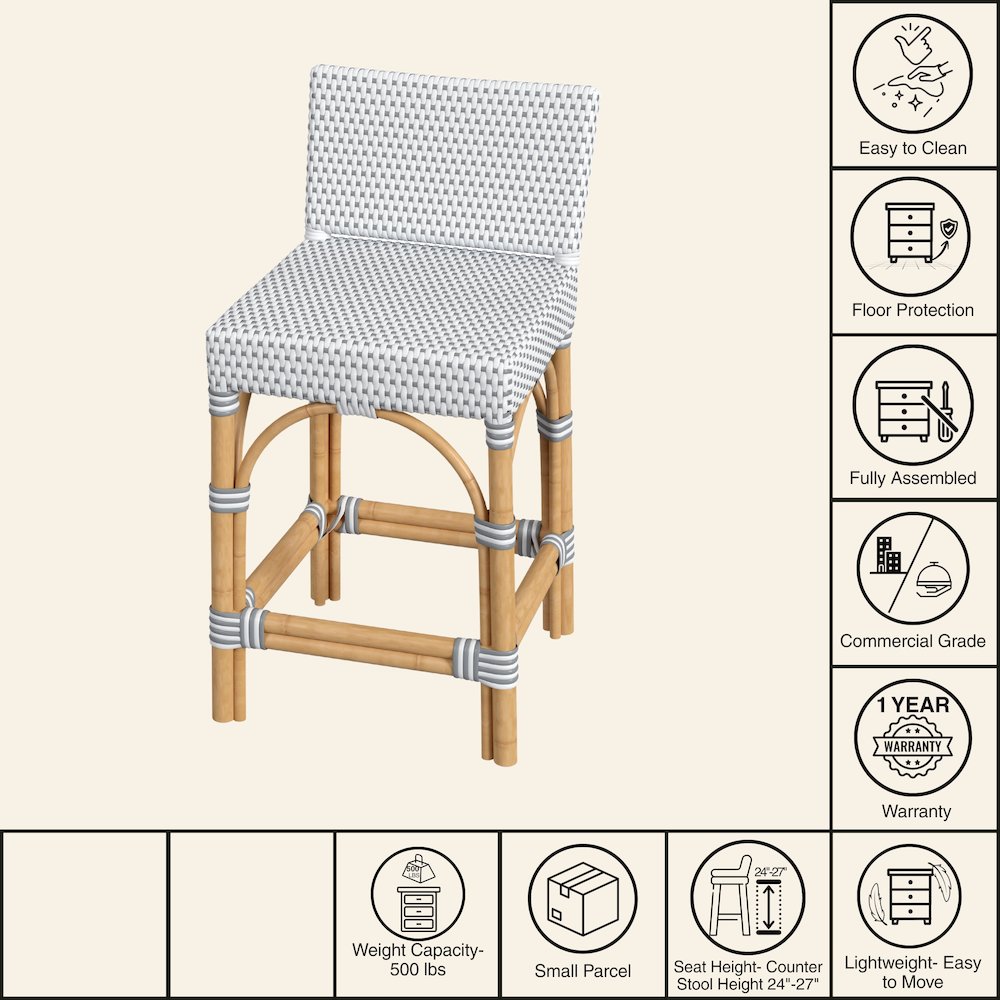 Serienna Rectangular Rattan Low Back 24.5" Counter Stool, White and Gray. Picture 8