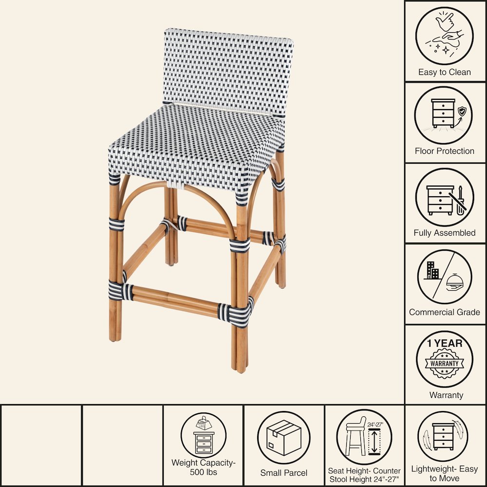 Serienna 24.5 in. Seat Height Rectangular  Rattan Low Back Counter Stool. Picture 8