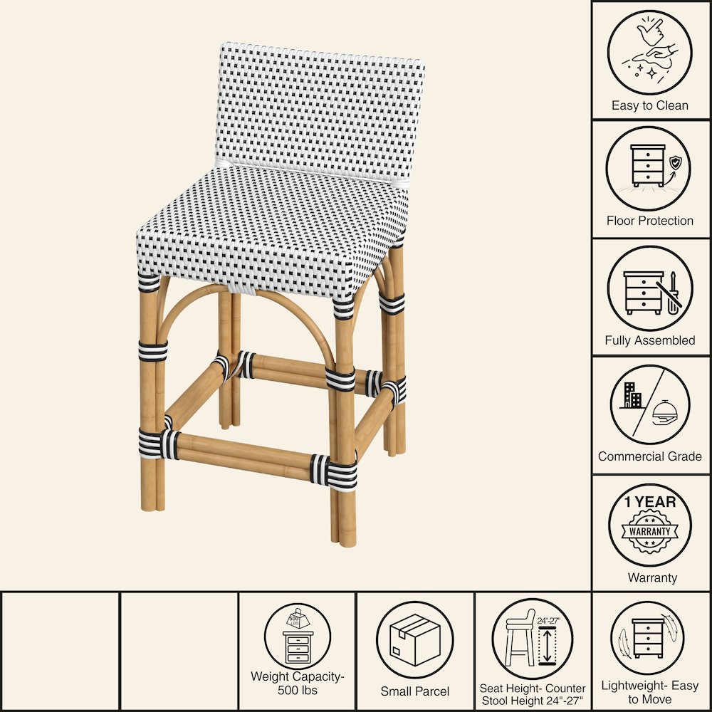 Serienna Rectangular Rattan Low Back 24.5" Counter Stool, Black and White. Picture 8