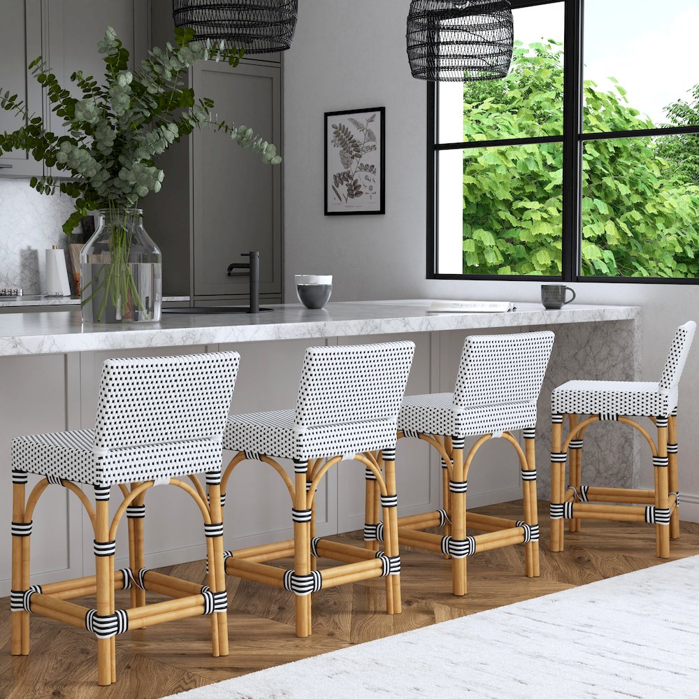 Serienna Rectangular Rattan Low Back 24.5" Counter Stool, Black and White. Picture 7