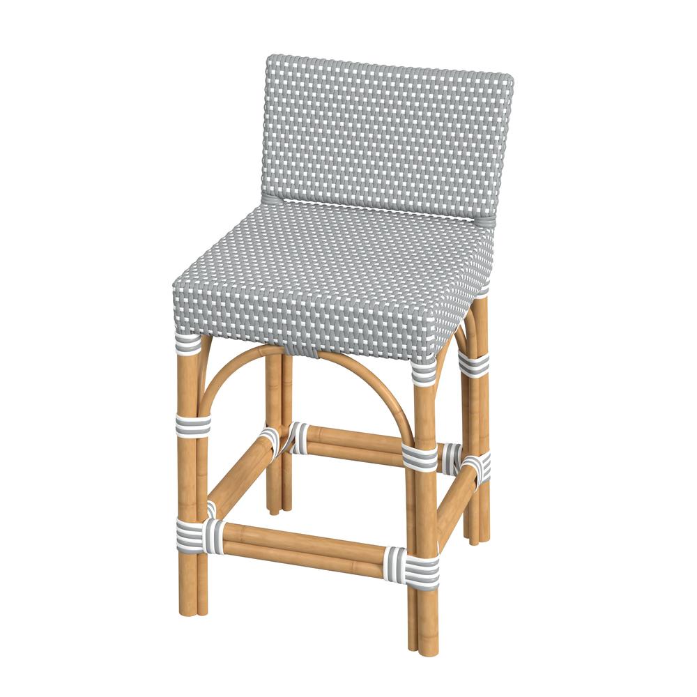 Serienna Rectangular Rattan Low Back 24.5" Counter Stool, Gray and White. Picture 1