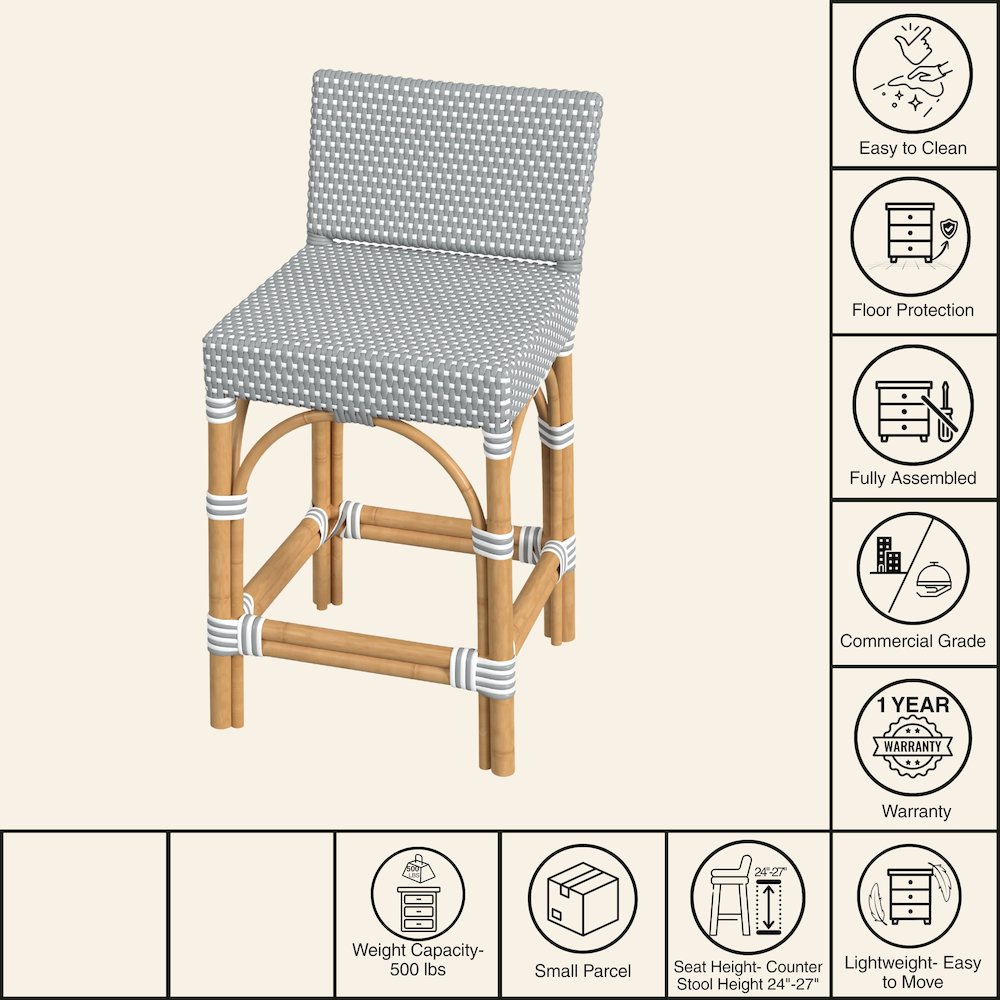 Serienna Rectangular Rattan Low Back 24.5" Counter Stool, Gray and White. Picture 9
