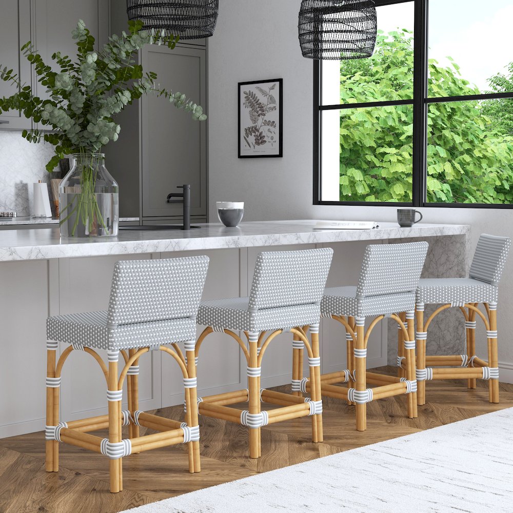 Serienna Rectangular Rattan Low Back 24.5" Counter Stool, Gray and White. Picture 8