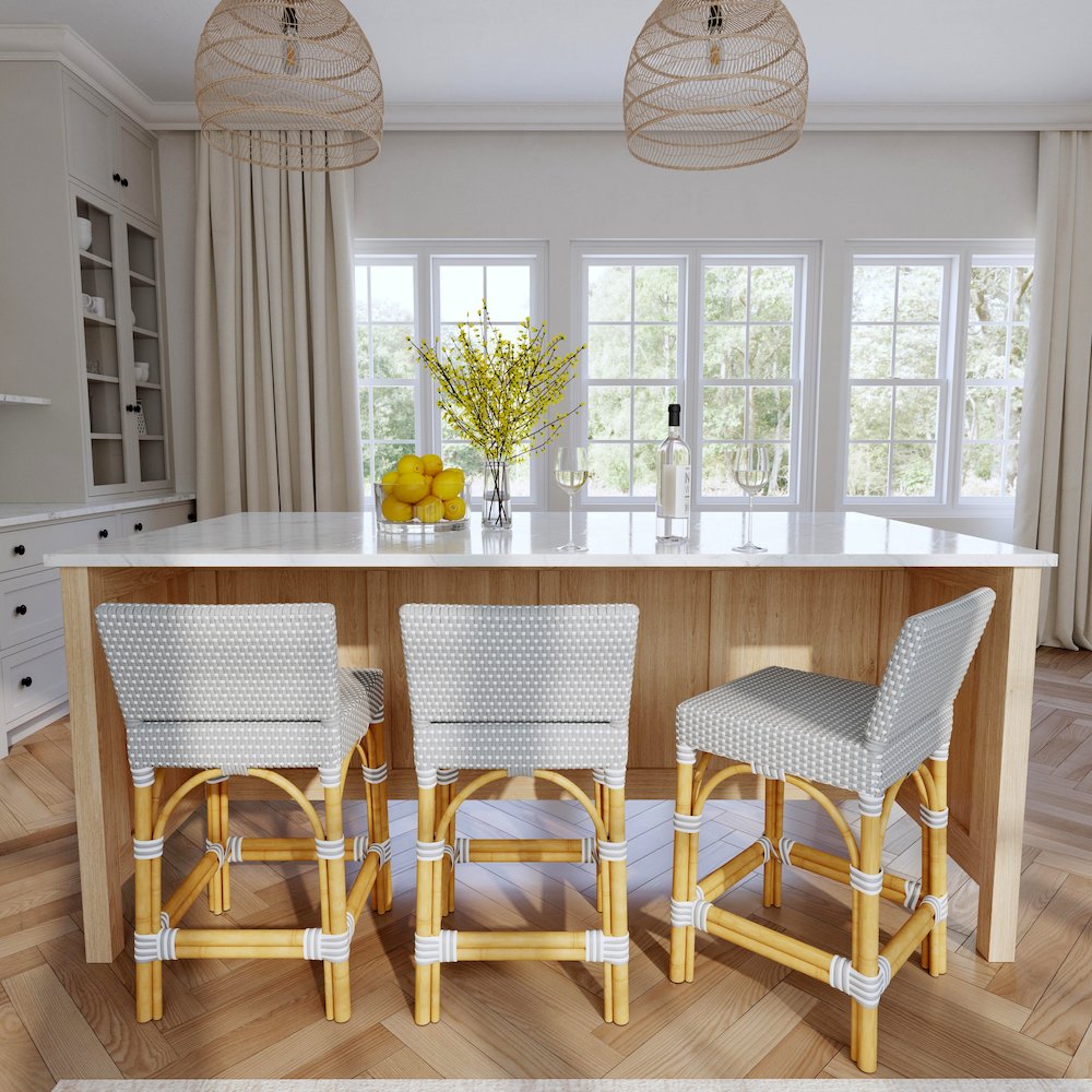 Serienna Rectangular Rattan Low Back 24.5" Counter Stool, Gray and White. Picture 7