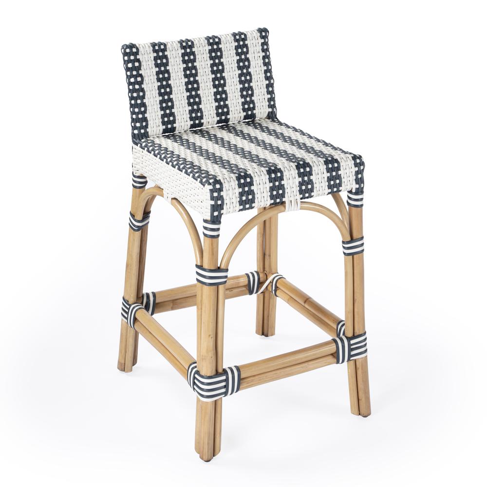 Serienna Rectangular Rattan Low Back 24.5" Counter Stool, White and Navy Stripe. Picture 1