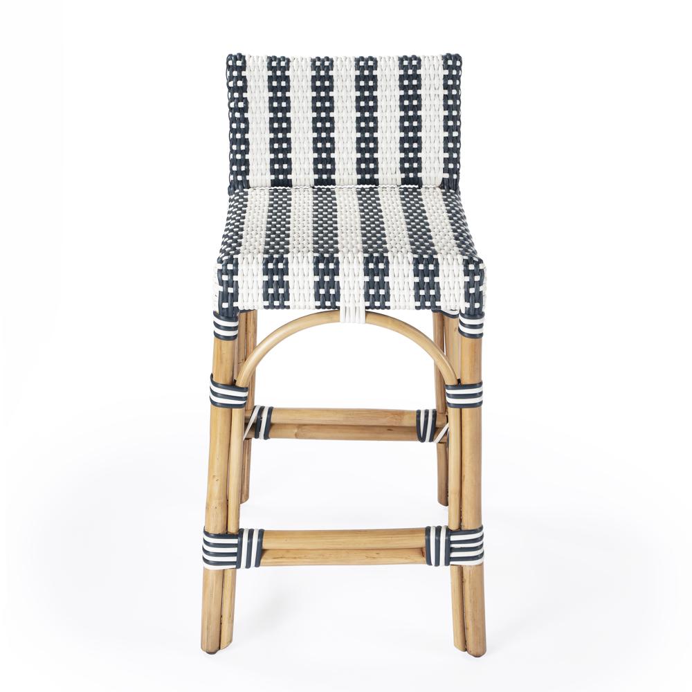 Serienna Rectangular Rattan Low Back 24.5" Counter Stool, White and Navy Stripe. Picture 2
