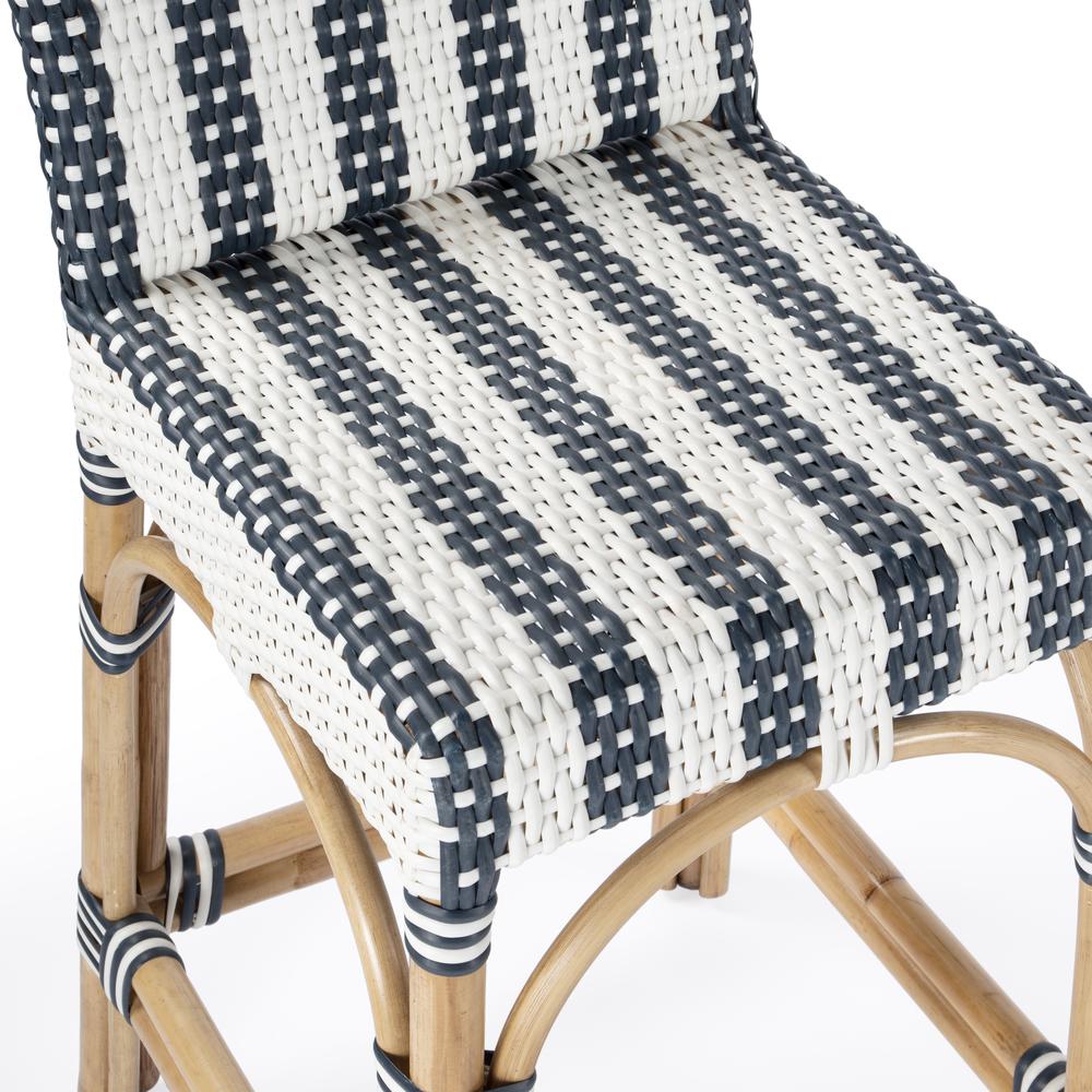 Serienna Rectangular Rattan Low Back 24.5" Counter Stool, White and Navy Stripe. Picture 7