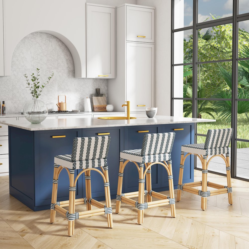 Serienna Rectangular Rattan Low Back 24.5" Counter Stool, White and Navy Stripe. Picture 9