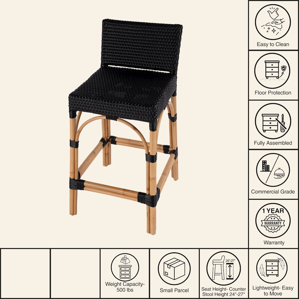 Serienna 24.5 in. Seat Height Rectangular  Rattan Low Back Counter Stool. Picture 6