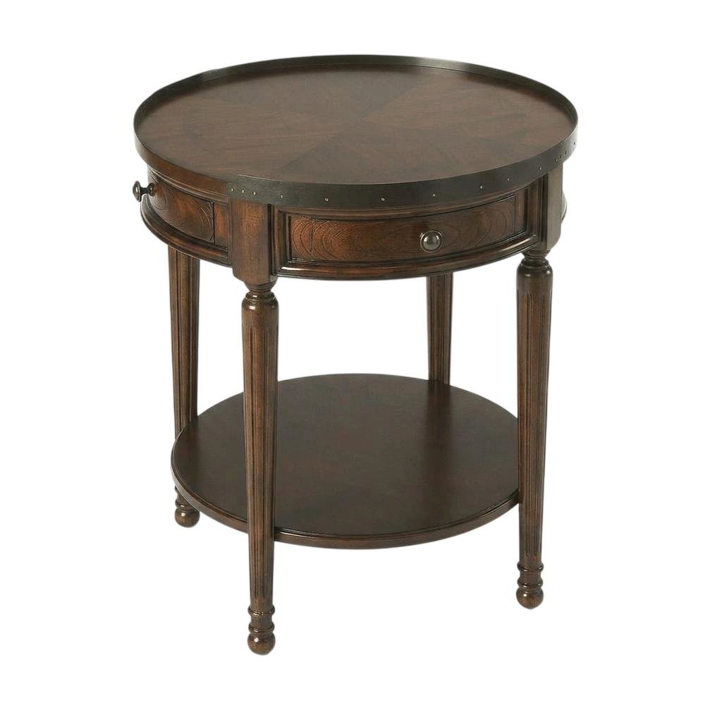 Round Side Table with Drawer, Transitional Accent End Table, Cherry. Picture 5