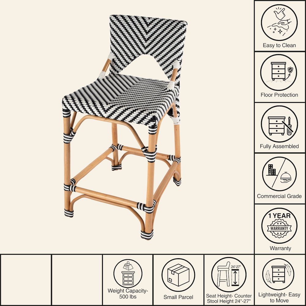 Creanly 25.25 in. Seat Height Rectangular  Rattan Counter Stool with Back. Picture 9