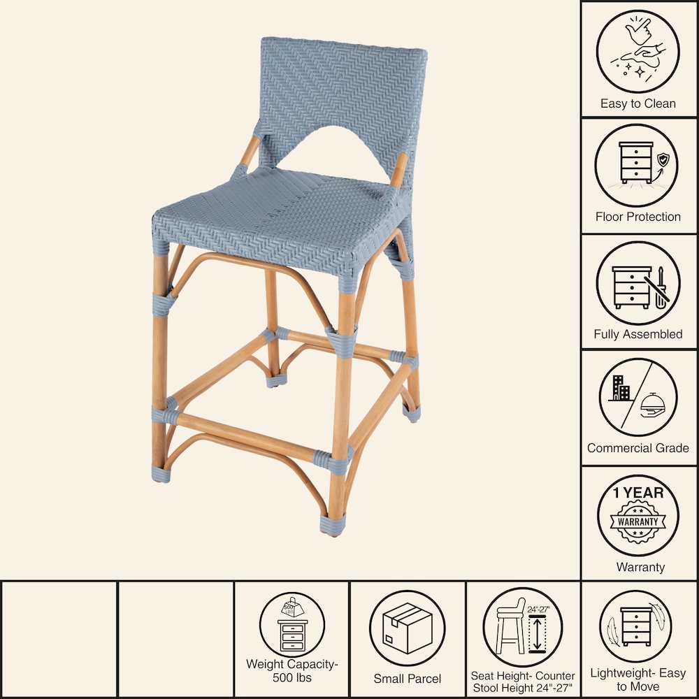 Creanly 25.25 in. Seat Height Rectangular Rattan Counter Stool with Back. Picture 8