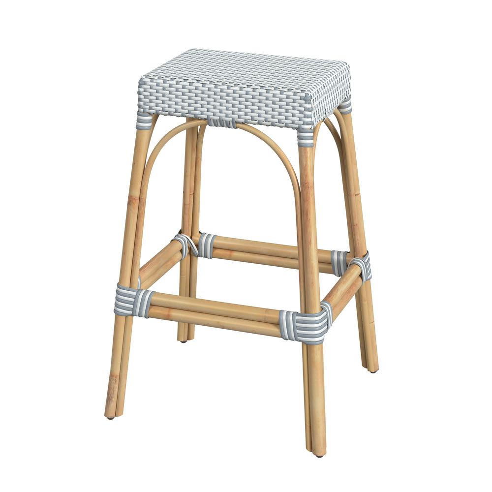 Robias Rectangular Rattan 30" Bar Stool, White and Sky Blue Dot. Picture 1