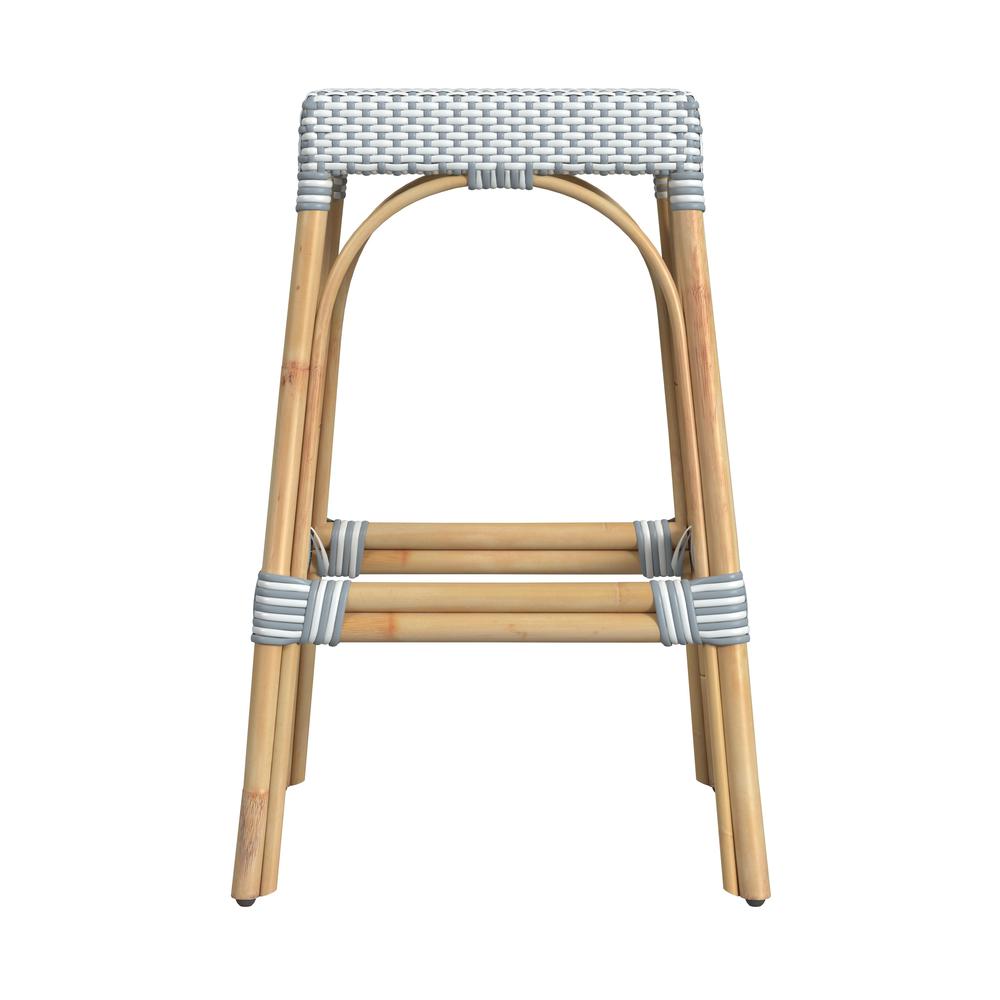 Robias Rectangular Rattan 30" Bar Stool, White and Sky Blue Dot. Picture 2