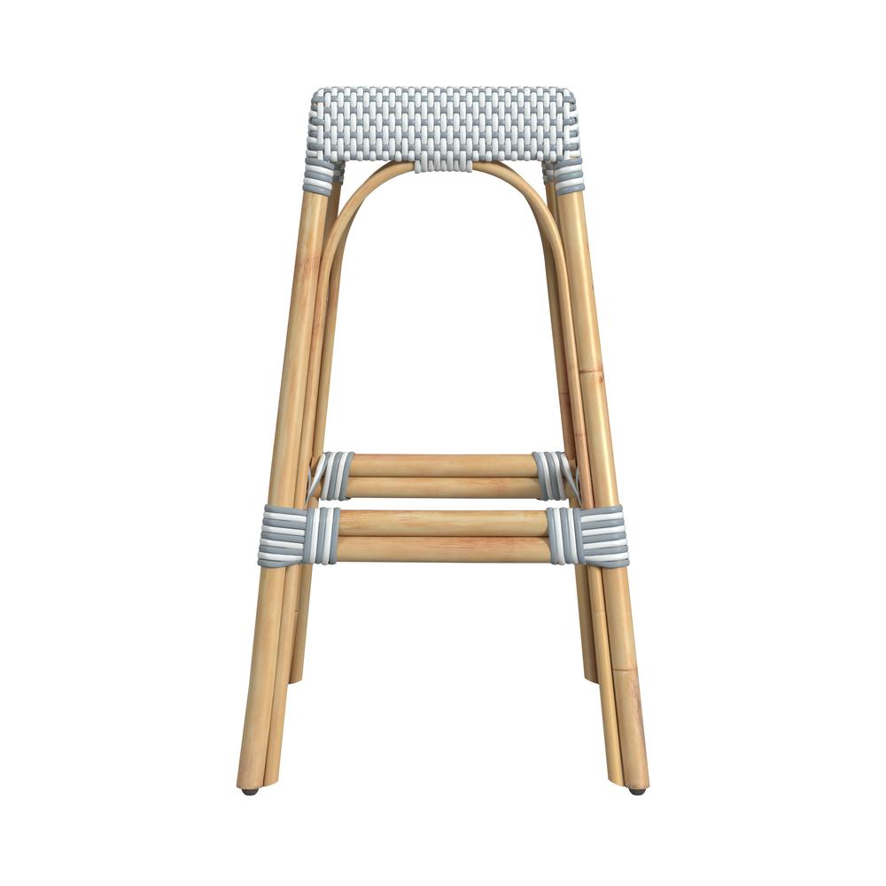 Robias Rectangular Rattan 30" Bar Stool, White and Sky Blue Dot. Picture 3