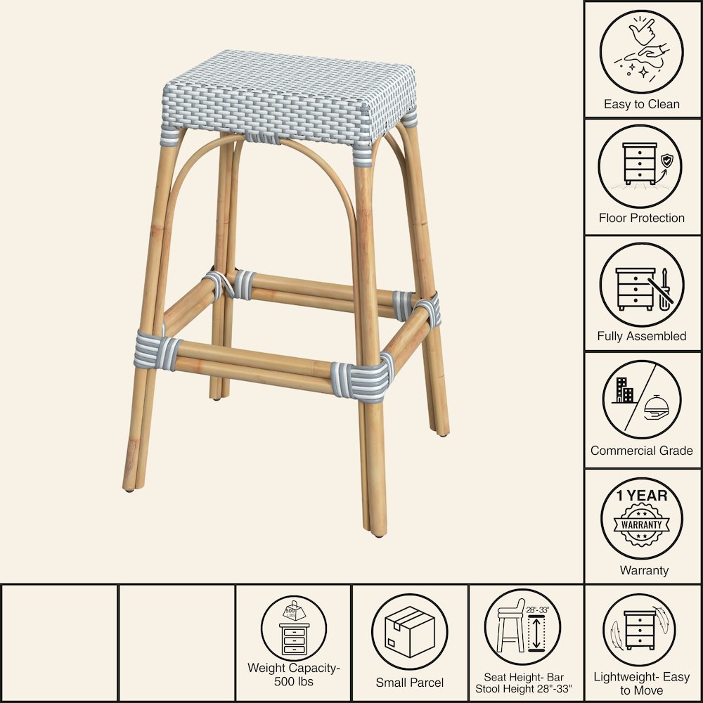 Robias Rectangular Rattan 30" Bar Stool, White and Sky Blue Dot. Picture 7