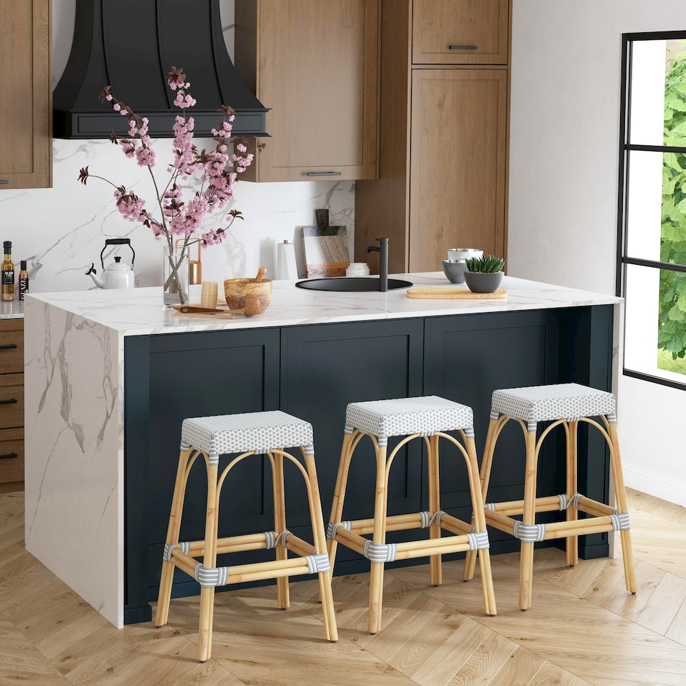 Robias Rectangular Rattan 30" Bar Stool, White and Sky Blue Dot. Picture 6