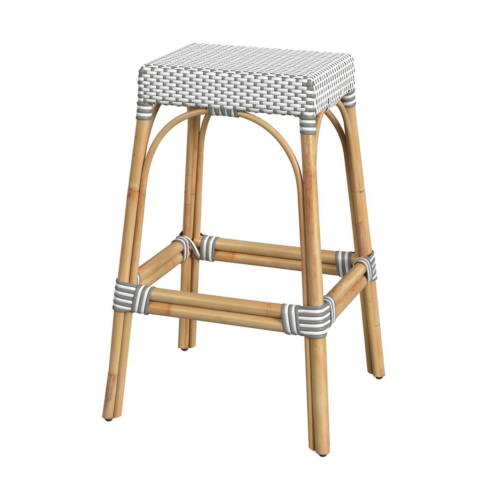 Robias Rectangular Rattan 30" Bar Stool, Gray and White Dot. Picture 1