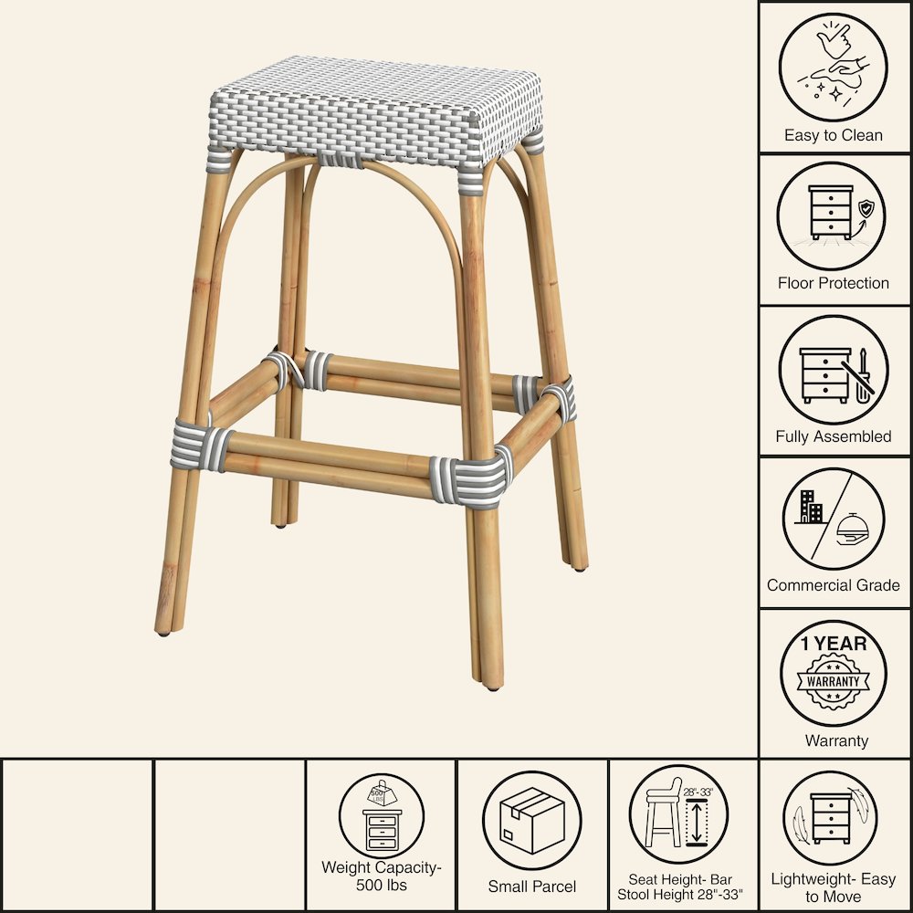 Robias Rectangular Rattan 30" Bar Stool, Gray and White Dot. Picture 7