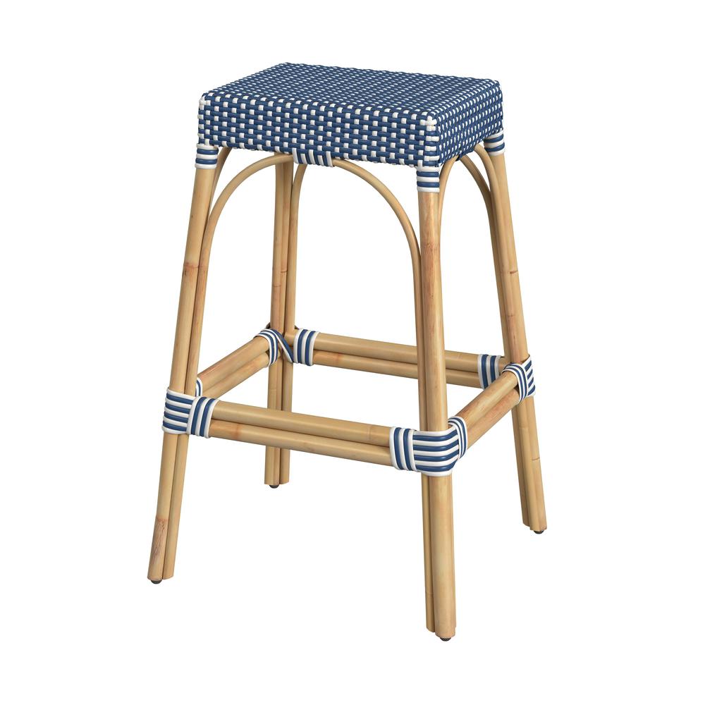 Robias Rectangular Rattan 30" Bar Stool, Blue and White Dot. Picture 1
