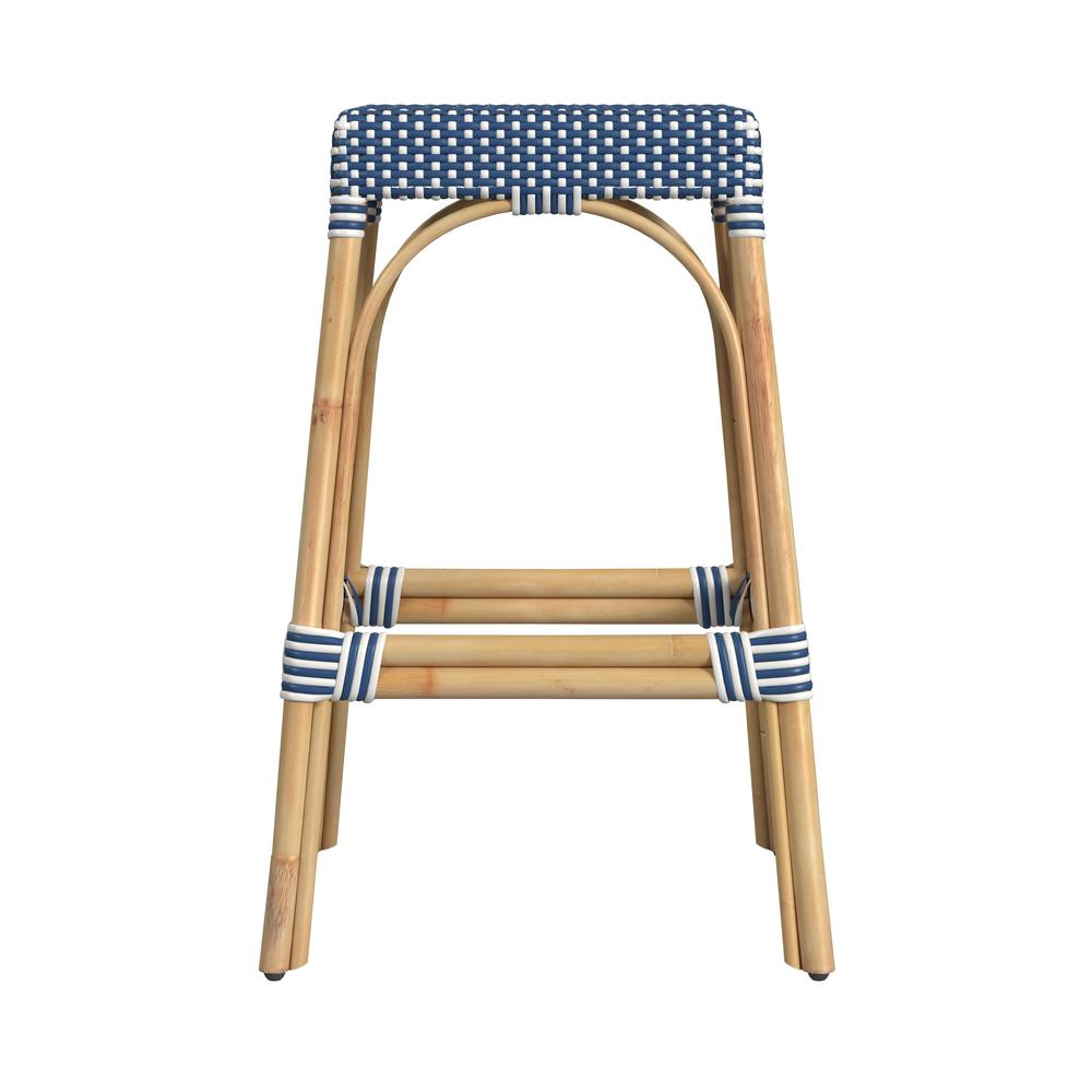 Robias Rectangular Rattan 30" Bar Stool, Blue and White Dot. Picture 2