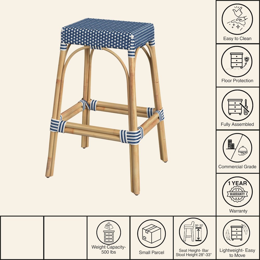 Robias Rectangular Rattan 30" Bar Stool, Blue and White Dot. Picture 7