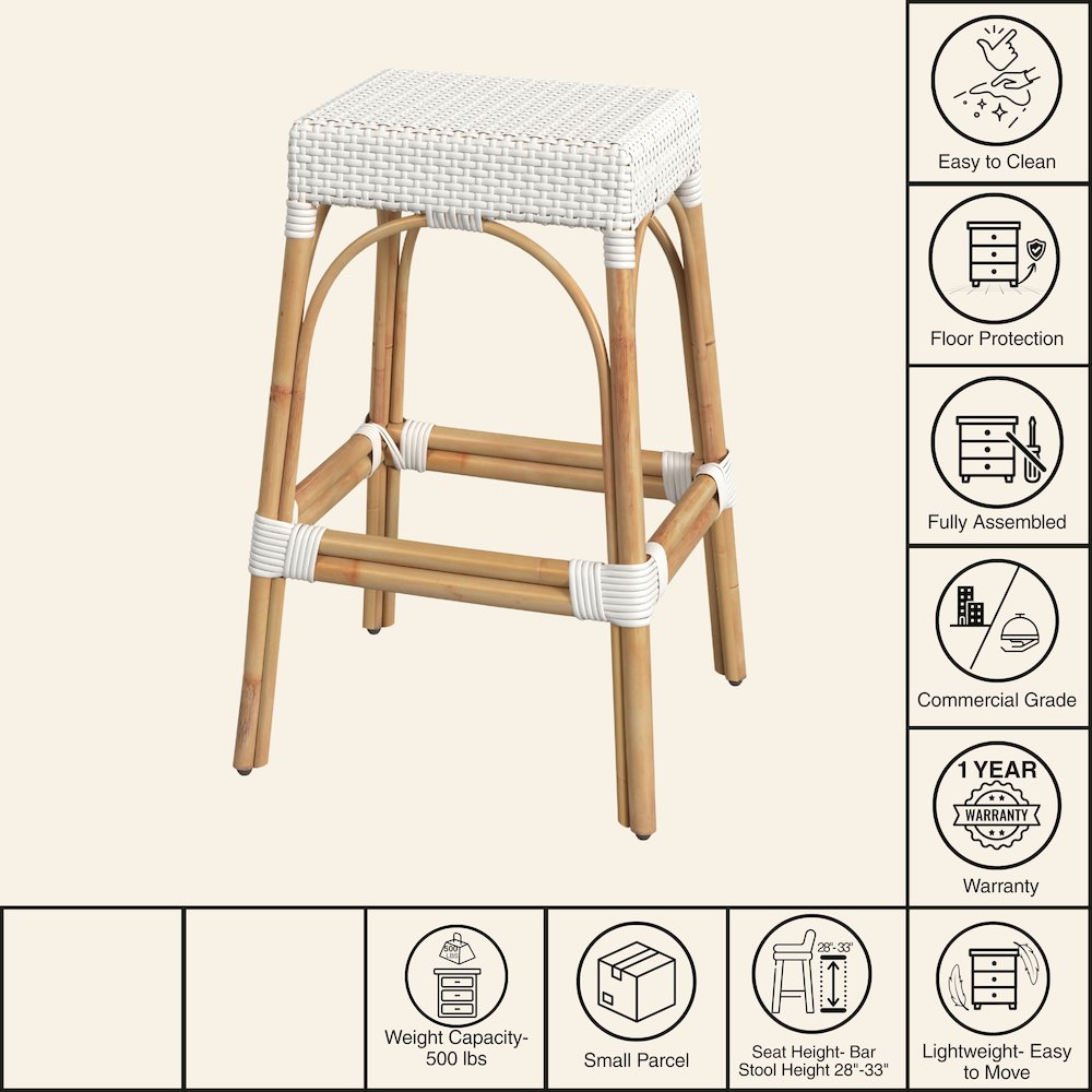 Robias Rectangular Rattan 30" Bar Stool, Glossy White. Picture 7