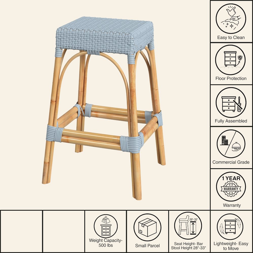 Robias Rectangular Rattan 30" Bar Stool, Baby Blue. Picture 7