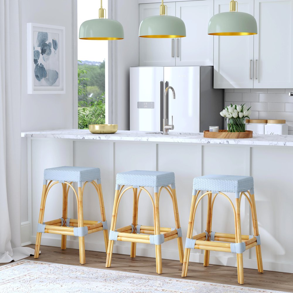 Robias Rectangular Rattan 30" Bar Stool, Baby Blue. Picture 2