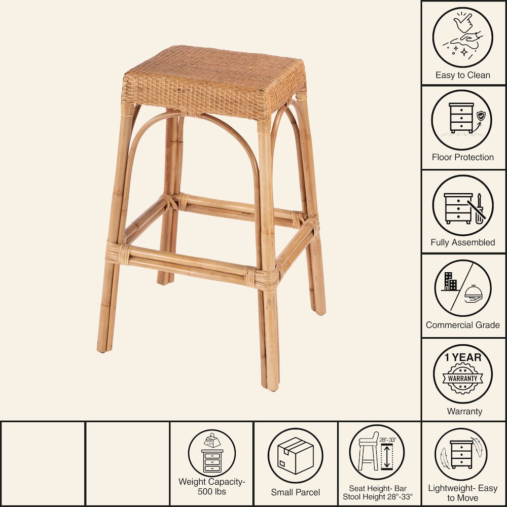 Robias Rectangular Rattan 30" Bar Stool, Natural. Picture 9