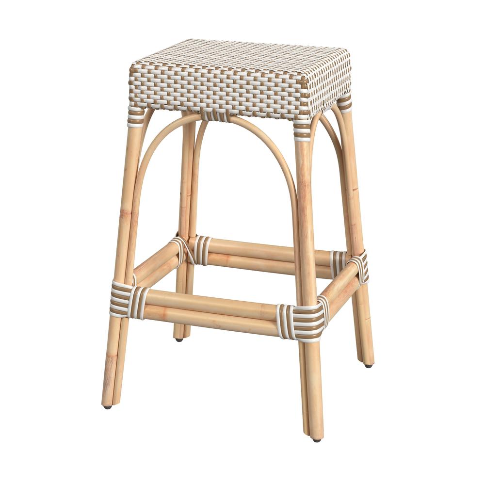 Robias Rectangular Rattan 30" Bar Stool, White and Tan Dot. Picture 1