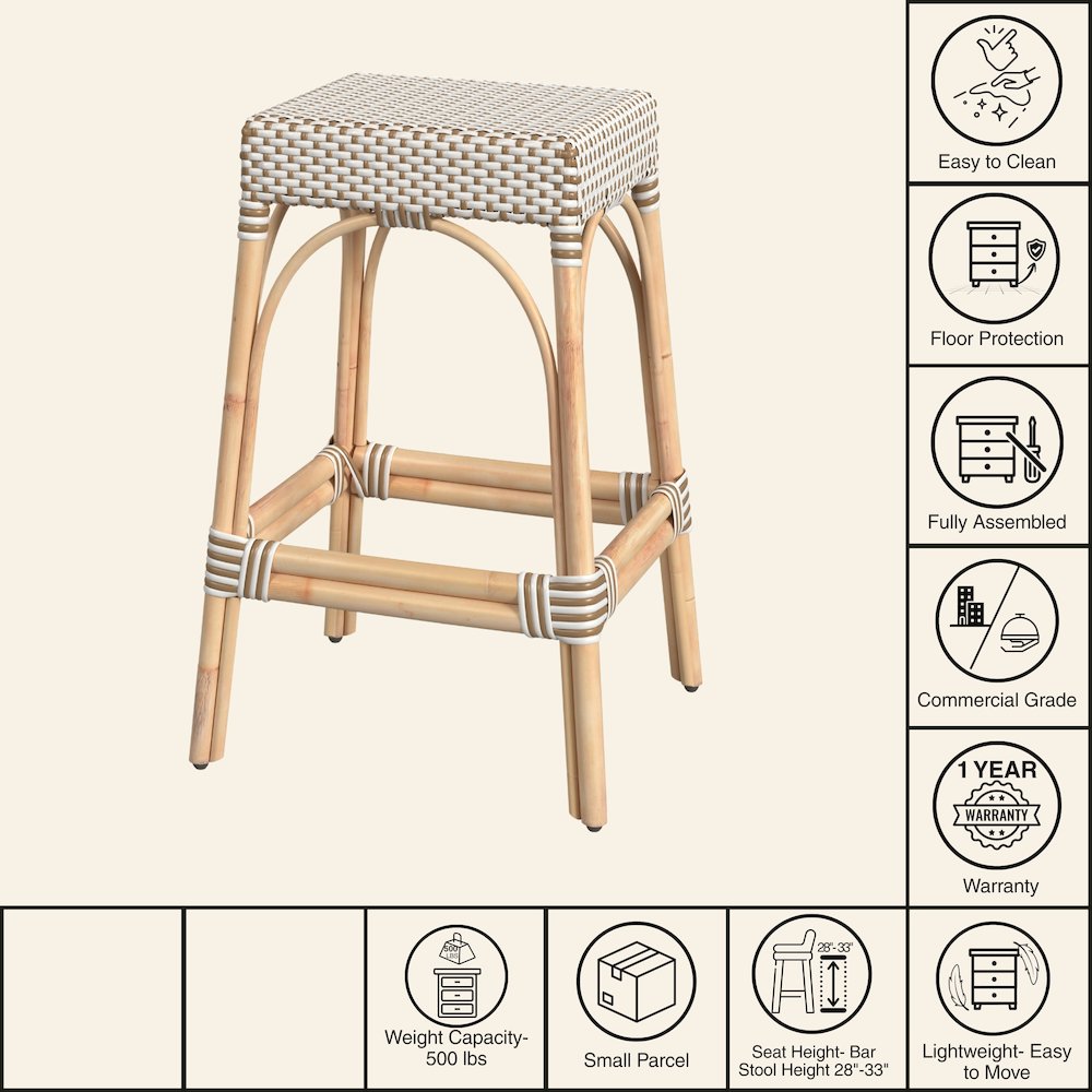 Robias Rectangular Rattan 30" Bar Stool, White and Tan Dot. Picture 7