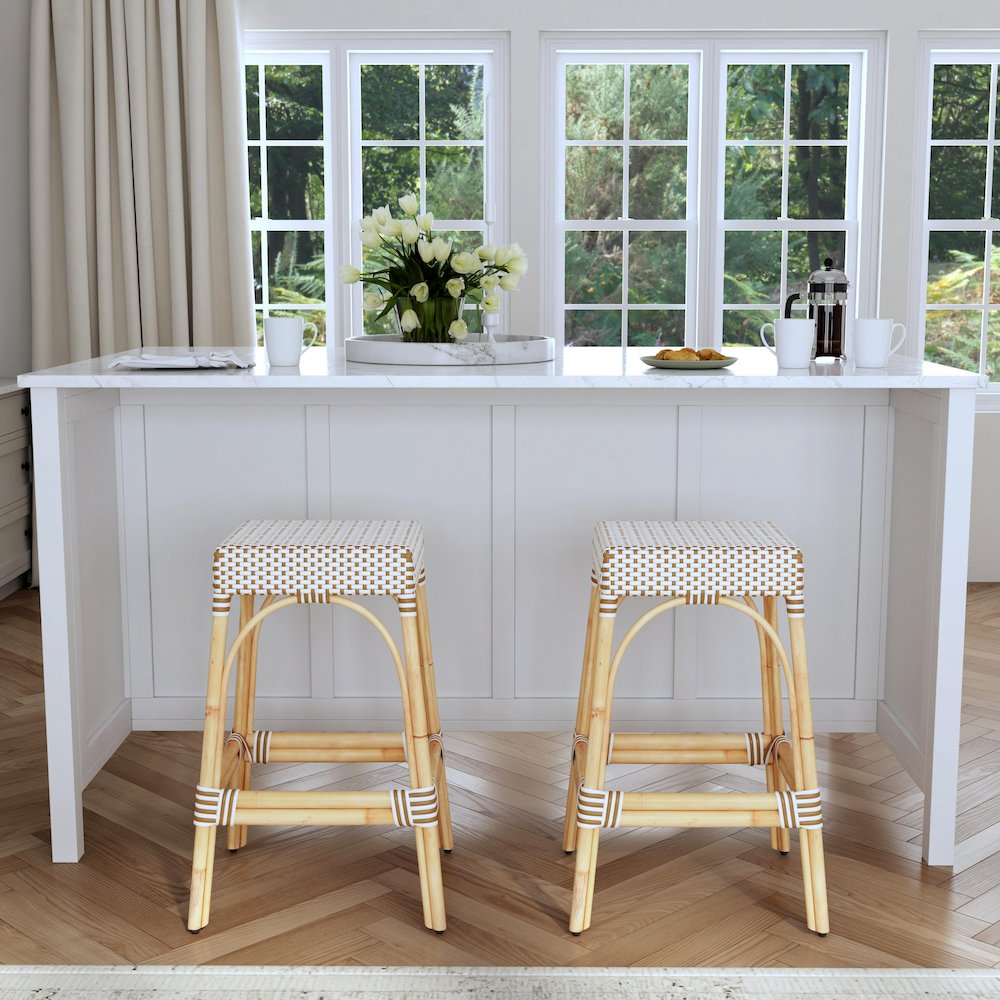 Robias Rectangular Rattan 30" Bar Stool, White and Tan Dot. Picture 6