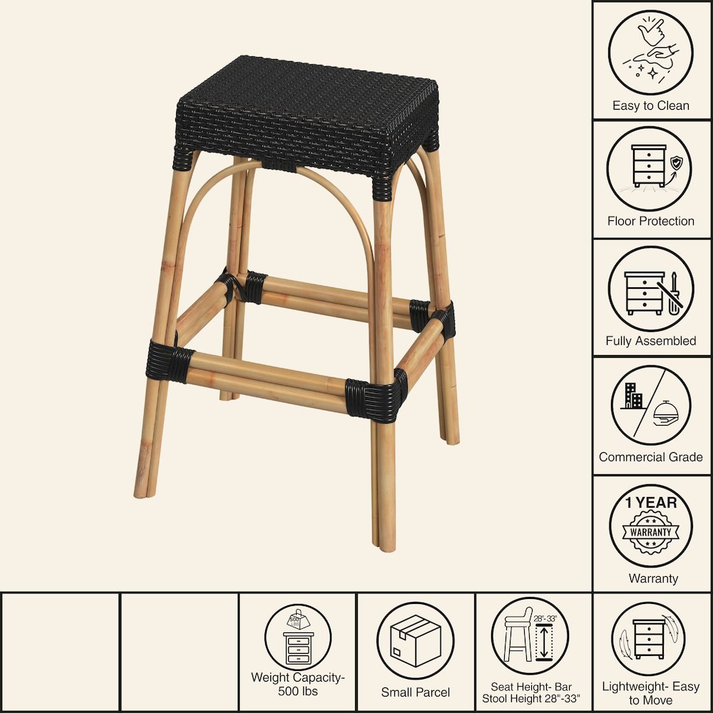 Robias Rectangular Rattan 30" Bar Stool, Black. Picture 7