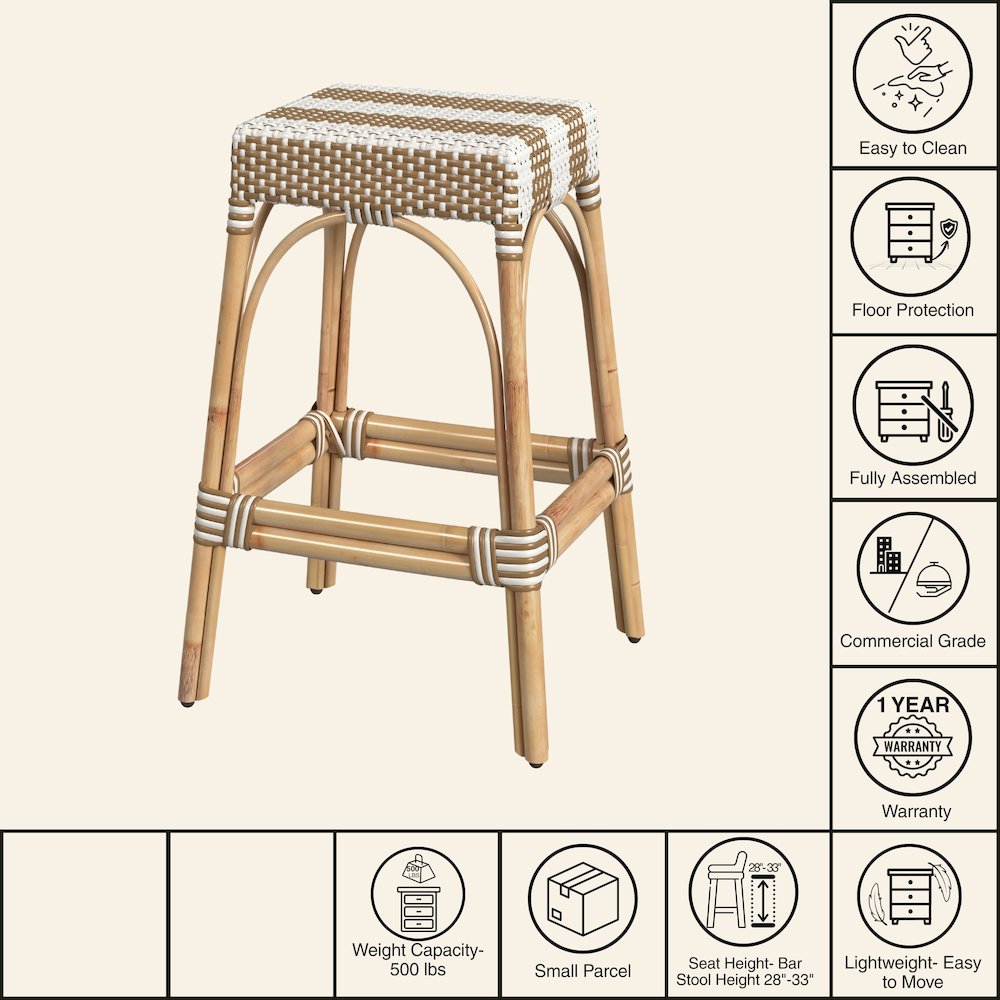 Robias Rectangular Rattan 30" Bar Stool, Tan and White Stripe. Picture 7
